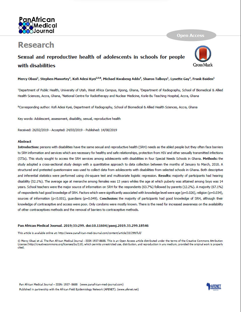 Sexual and reproductive health of adolescents in schools for people