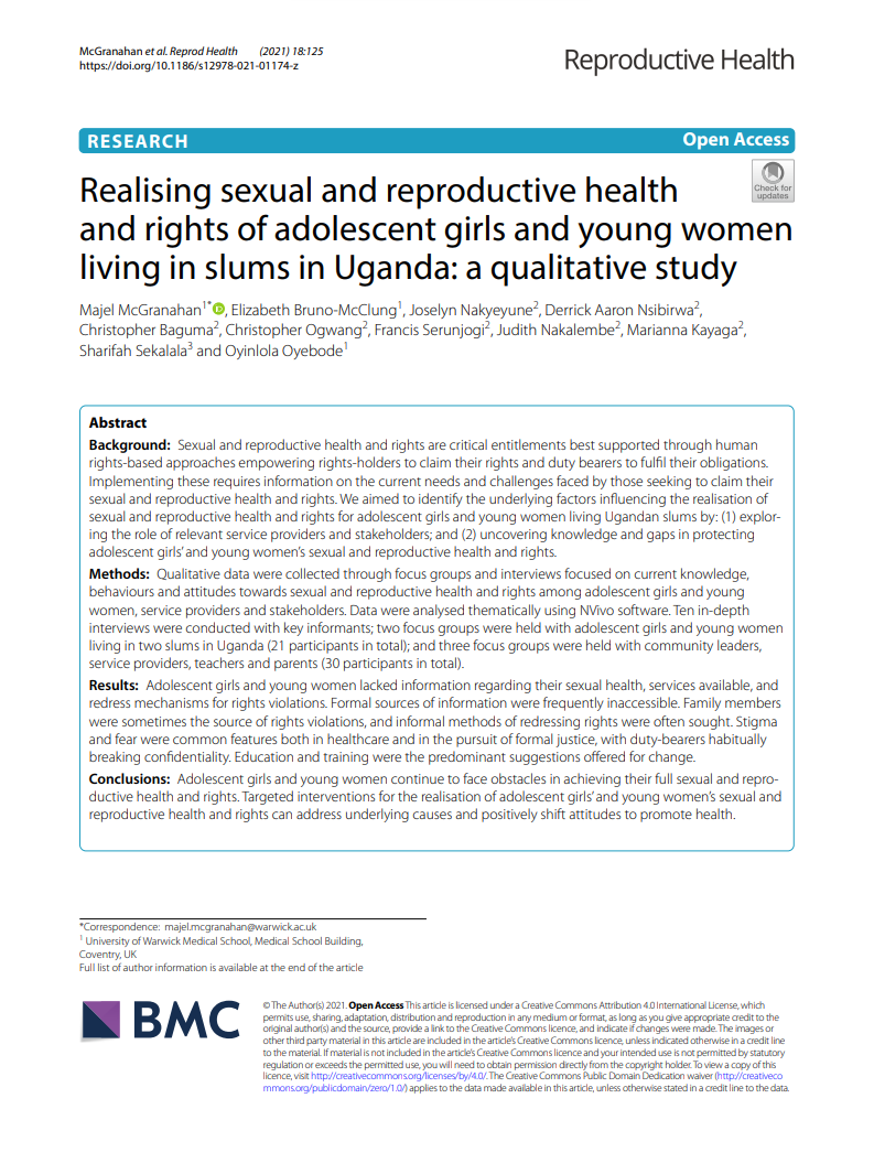 Realising sexual and reproductive health  and rights of adolescent girls and young women  living in slums in Uganda: a qualitative study